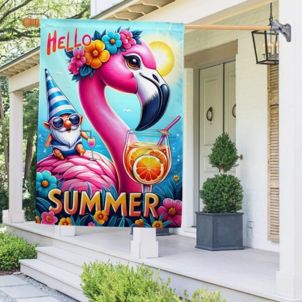 Hello Summer Flamingo Gnome Flag TQN2647F
