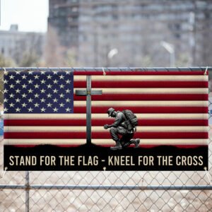 Memorial Day Veteran Kneeling Christ Cross American Fence Banner MLN2609FB