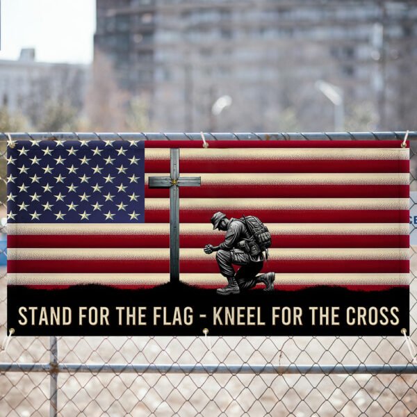 Veteran Kneeling Christ Cross American Fence Banner MLN2609FB