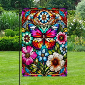 Stained Glass Floral Butterfly Flag MLN3322F