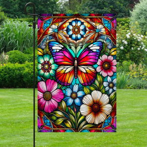 Stained Glass Floral Butterfly Flag MLN3322F
