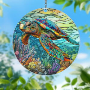 Swimming Sea Turtle Stained Glass Window Hanging Suncatcher PMM218