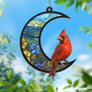 Cardinal On The Crescent Moon Stained Glass Suncatcher Window Hanging Suncatcher TQN349WH