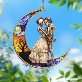 Halloween Skeleton Couple On The Moon Skull Lover Stained Glass Window Hanging Suncatcher TQN3695WH