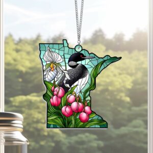 Minnesota Map Lady's Slipper Flower and Loon Acrylic Hanging Sign TQN3663HS