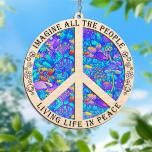 Hippie Imagine Living Life In Peace Sign Stained Glass Window Hanging Suncatcher TPT2056WH