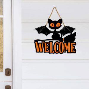 Halloween Black Cat Sign Welcome Wooden Door Sign VTM356WD