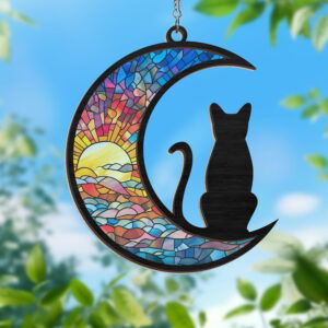 Black Cat On The Moon Stained Glass Window Hanging Suncatcher TQN1673WH