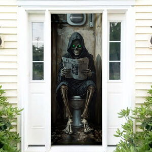 Halloween Funny Grim Reaper Reading Newspaper In Toilet Bathroom Door Cover TQN3640D