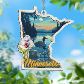 Minnesota State, Lady’s Slipper Flower and Loon Minnesota Window Hanging Suncatcher HTT362WH