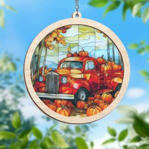 Fall Pumpkin Truck Stained Glass Window Hanging Suncatcher VTM398WH