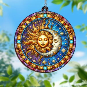 Sun and Moon Hippie Stained Glass Window Hanging Suncatcher MLN3824WH