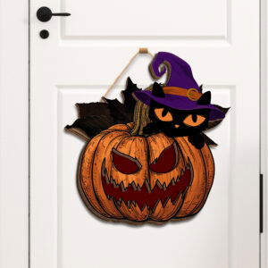 Black Cat and Pumpkin Welcome Sign, Halloween 3D Hanging Door Sign HTT323DS