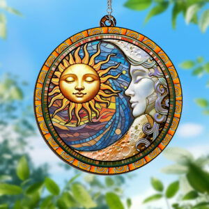 Sun and Moon Face Hippie Decor Stained Glass Window Hanging Suncatcher MLN3818WH