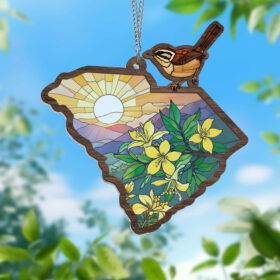 South Carolina Yellow Jessamine Flower and Carolina Wren Bird Window Hanging Suncatcher TPT2160WH