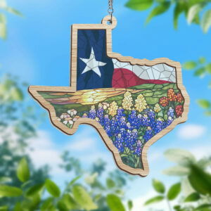 Texas Flag and Bluebonnets Flower Stained Glass Window Hanging Suncatcher VTM341WH