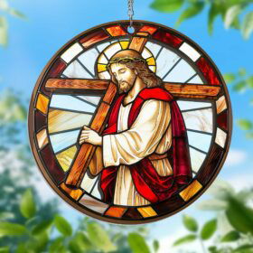 Jesus Holding A Cross Stained Glass Window Hanging Suncatcher MLN3887WH