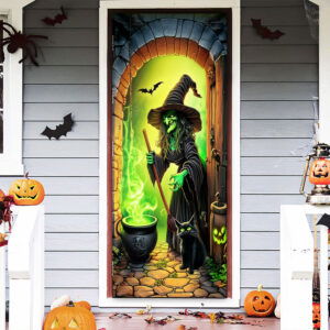 Halloween Witch And Black Cat Witch Making Poison Door Cover TQN3639D