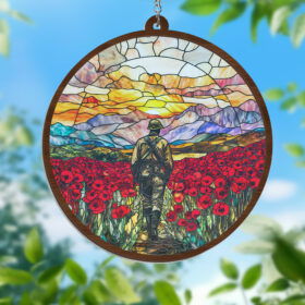 Veterans Soldier Memorial With Red Flowers Stained Glass Window Hanging Suncatcher VTM389WH