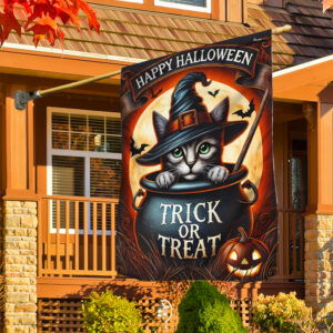 Happy Halloween Black Cat Witch Trick Or Treat Flag TQN3638F