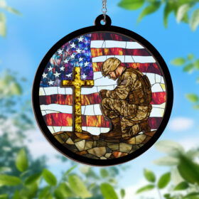 American Flag with Cross Veteran Day Stained Glass Window Hanging Suncatcher VTM390WH