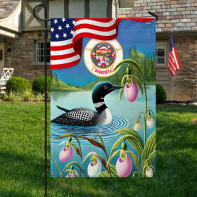 Minnesota State Lady's Slipper Flower and Loon American Flag MLN3894F