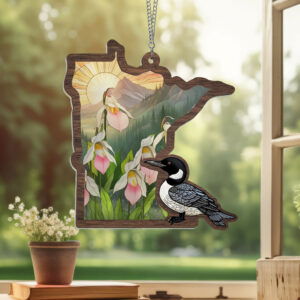 Minnesota State Lady’s Slipper Flower and Loon Minnesota Window Hanging Suncatcher TPT2163WH