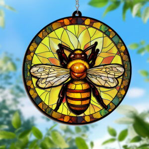 Bee Hippie Stained Glass Window Hanging Suncatcher MLN3847WH