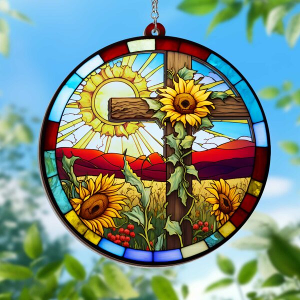 Christian Cross Sunflower Stained Glass Window Hanging Suncatcher MLN3886WH