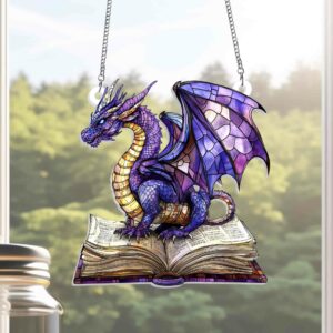 Dragon Book Stained Glass Acrylic Window Hanging Sign Suncatcher TQN3764SH