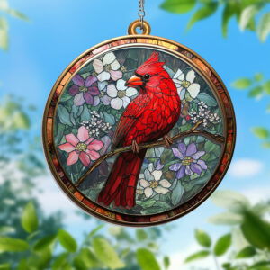 Red Cardinals Flower Stained Glass Window Hanging Suncatcher VTM388WH