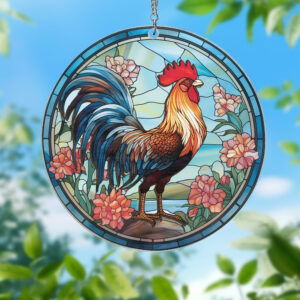 Rooster Chicken Farm Stained Glass Window Hanging Suncatcher MLN3930WH