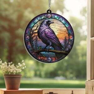 Raven Stained Glass Gothic Crow Suncatcher Acrylic Hanging Window TPT2184AS