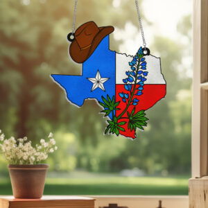 Texas Bluebonnet Cowboy Hat Suncatcher Acrylic Hanging Window VTM300ASn