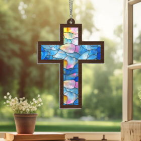 Christian Cross Stained Glass Window Hanging Suncatcher TQN3902WH