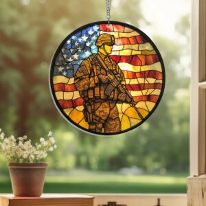 Veteran Gift, Patriotic Soldier Memorial Stained Glass Acrylic Hanging Sign HTT395AS