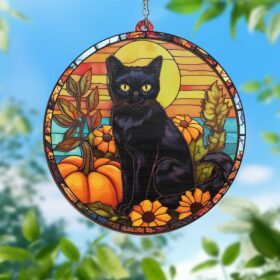 Black Cat Halloween Stained Glass Window Hanging Suncatcher MLN3946WH