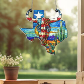 Texas America Map with Skull Cow Suncatcher Acrylic Hanging Window VTM297ASn