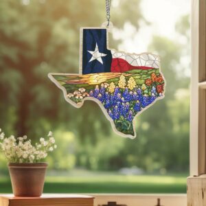 Texas Flag and Bluebonnets Flower Suncatcher Acrylic Hanging Window VTM341AS