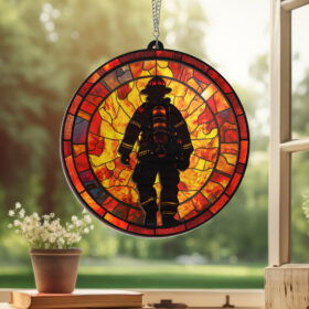 Patriot Day 911 Firefighter Stained Glass Window Hanging Suncatcher VTM438WH