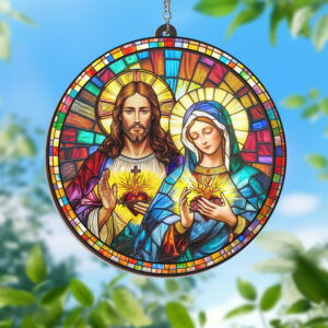 Sacred Heart of Jesus & Immaculate Heart of Mary Stained Glass Window Hanging Suncatcher MLN3977WH