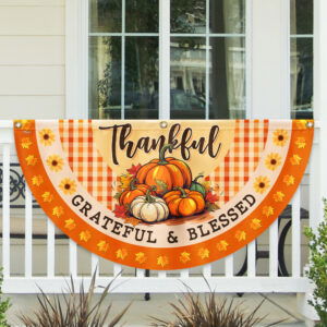 Fall Thanksgiving Pumpkins Harvest Thankful Grateful & Blessed Non-Pleated Fan Flag MLN3941FL