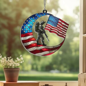 Veterans Day American Soldier Crescent Moon Suncatcher Acrylic Hanging Window TQN3861AS