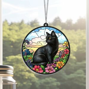 Black Cat Flowers Acrylic Window Hanging Sign MLN3947HS