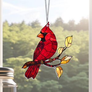 Red Cardinal Stained Glass Acrylic Window Hanging Sign TQN3786HS