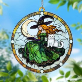 Witchcraft Cat Halloween Stained Glass Window Hanging Suncatcher MLN3931WH