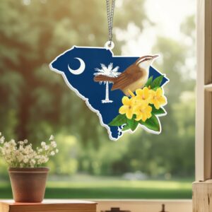 South Carolina Wren and Yellow Jessamine Flower Suncatcher Acrylic Hanging Window VTM306ASn