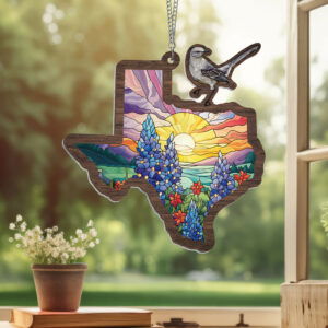 Texas with Northern Mockingbird and Bluebonnet, Texas Window Hanging Suncatcher TPT1246WH